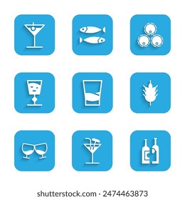 Set Glass of vodka, Cocktail, Bottles wine, Hop, cognac or brandy, Wine glass, Wooden barrels and Martini icon. Vector