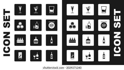 Set Glass of vodka, Vodka with pepper and glass, Wooden barrels, champagne, Street signboard Bar, Cocktail, Beer bottle and Bottles wine in wooden box icon. Vector