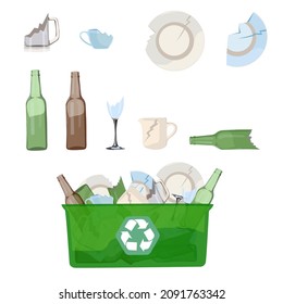 Set. Glass waste. Recycling ecology problem isolate on white background objects collection. Vector illustration. 