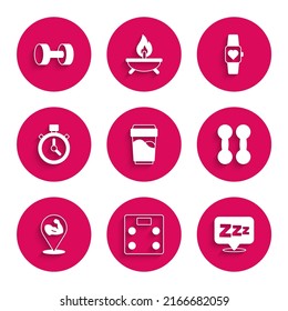 Set Glass with water, Bathroom scales, Sleepy, Dumbbell, Bodybuilder muscle, Stopwatch, Smart and  icon. Vector