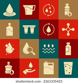 Set Glass with water, Bottle of, Water tap, Recycle clean aqua, filter, Big bottle, drop and  icon. Vector