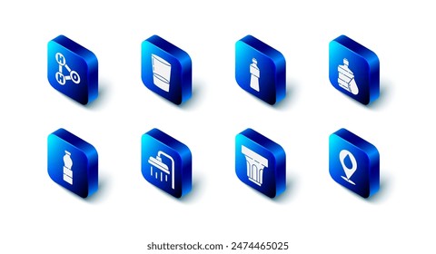 Set Glass with water, Bottle of, Big bottle clean, Water drop location, Shower head,  and Chemical formula for H2O icon. Vector