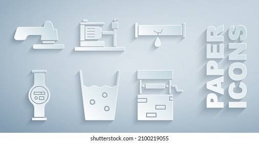 Set Glass with water, Broken pipe leaking, Water meter, Well, Electric pump and tap icon. Vector