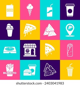 Set Glass with water, Burrito, Location slice pizza, Soda can drinking straw, Slice of, Ice cream, Beer and Nachos icon. Vector