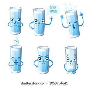 Set of glass with water. Cartoon style character design. Mascot with different emotions. Drink more water. Vector illustration isolated on white background. Website page and mobile app design.