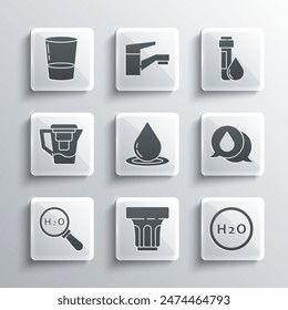 Set Glass with water, Chemical formula for H2O, Water drop speech bubbles, jug filter,  and Test tube icon. Vector