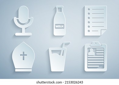 Set Glass with water, Document, Pope hat, Clipboard resume, bottle milk and cap and Microphone icon. Vector