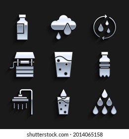 Colocar vidrio con agua, gota de agua, botella de, ducha, balde de pozo, reciclar agua limpia e icono. Vector