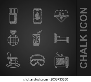 Set Glass with water, Eye sleep mask, Retro tv, Bed, Rocking chair, Disco ball, Heart rate and Medicine bottle and pills icon. Vector