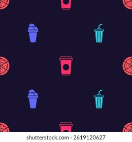 Definir Vidro com água, Sorvete, Xícara de café e Pizza em padrão sem costura. Vetor