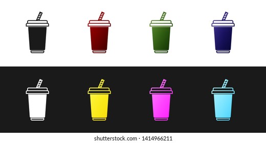 Set Glass with water icon isolated on black and white background. Soda drink glass with drinking straw. Fresh cold beverage symbol. Vector Illustration