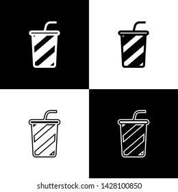 Set Glass with water icons isolated on black and white background. Soda drink glass with drinking straw. Fresh cold beverage symbol. Vector Illustration