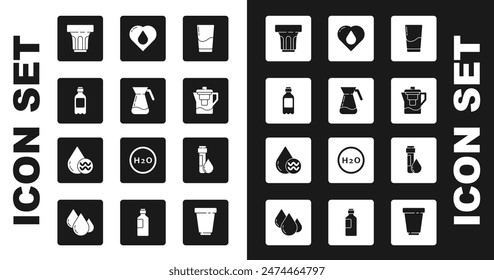 Set Glass with water, Jug glass, Bottle of, Water jug filter, Heart drop, Test tube and Recycle clean aqua icon. Vector