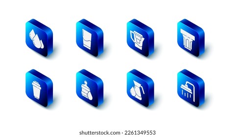 Set Glass with water, Water jug filter, Shower head, Jug glass, Big bottle clean, cartridge and drop icon. Vector