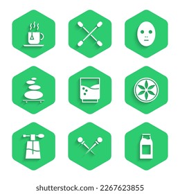 Set Glass with water, Knitting needles, Bottle milk, Leaf plant nature, Perfume, Stack hot stones, Facial cosmetic mask and Cup of tea tea bag icon. Vector