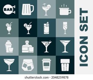 Set Glass with water, Martini glass, of champagne, Cocktail, Street signboard Bar and Bloody Mary icon. Vector