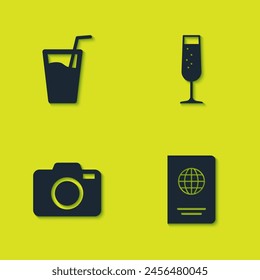 Set Glass with water, Passport, Photo camera and of champagne icon. Vector