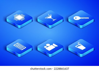 Set Glass with water, Processor CPU, Movie Video camera, Mobile Apps, Martini glass and Key icon. Vector