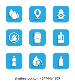 Set Glass with water, Recycle clean aqua, Bottle of, Big bottle, Water drop forbidden, Fire hydrant and  icon. Vector