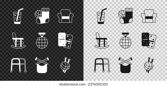 Set Glass with water, Socks, Armchair, Walker, Knitting, Yarn ball knitting needles, Rocking and Disco icon. Vector