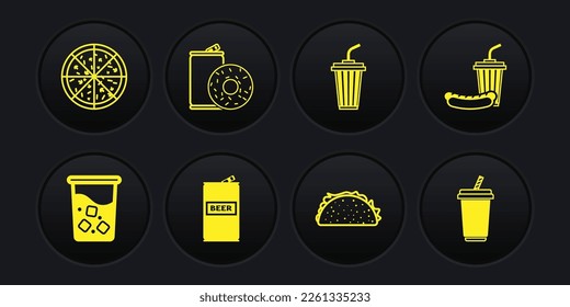Set Glass with water, Soda and hotdog, Beer can, Taco tortilla, Aluminum soda donut,  and Pizza icon. Vector