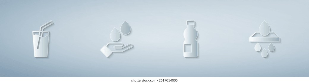 Set Glass with water, Washing hands soap, Bottle of and Water filter cartridge. Paper art style. Vector