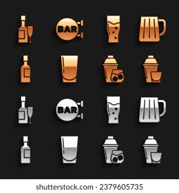Set Glass with water, Wooden beer mug, Cocktail shaker, Champagne bottle, of, and glass and Street signboard Bar icon. Vector