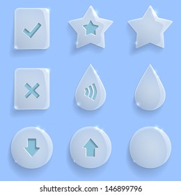 Set of glass web icons.   Shape internet icon with shadow and reflection on light blue background. Vector illustration. 