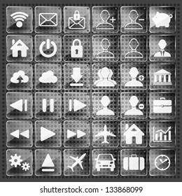 set of glass web, multimedia and business icons on a metallic background