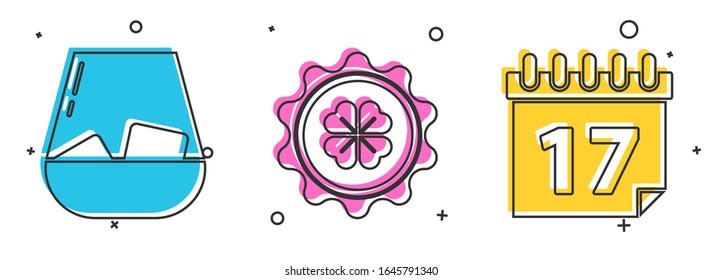 Set Glass of whiskey, Bottle cap with four leaf clover and Saint Patrick's day with calendar icon. Vector