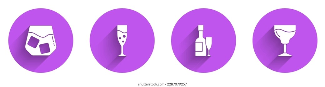 Set Glass of whiskey, champagne, Champagne bottle and glass and Wine icon with long shadow. Vector