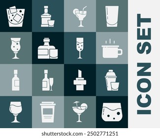 Set Glass of whiskey, Cocktail shaker, Coffee cup, Whiskey bottle and glass, beer,  and champagne icon. Vector