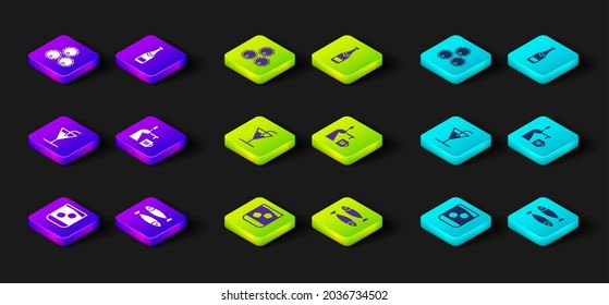 Set Glass of whiskey, Dried fish, Cocktail, Beer tap with glass, Champagne bottle and Wooden barrels icon. Vector