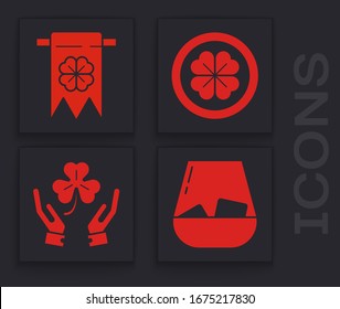 Set Glass of whiskey, Four leaf clover and party pennant, Gold coin with four leaf clover and Human hands holding four leaf clover icon. Vector