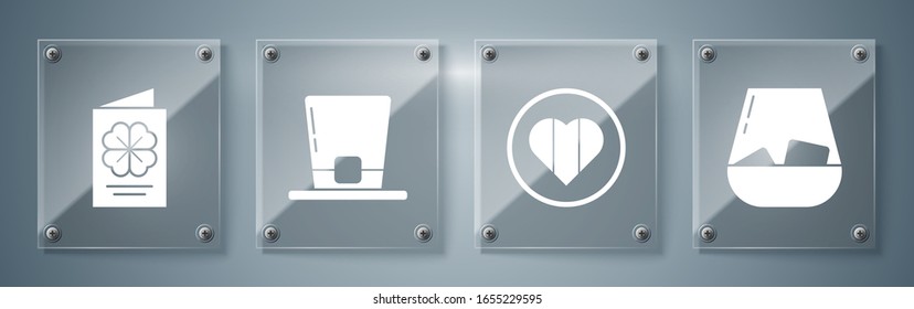 Set Glass Of Whiskey, Heart And Happy Saint Patrick Day, Leprechaun Hat And Saint Patricks Day Flyer, Brochure, Postcard. Square Glass Panels. Vector