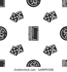 Set Glass of whiskey and ice cubes, Deck of playing cards and Game dice on seamless pattern. Vector