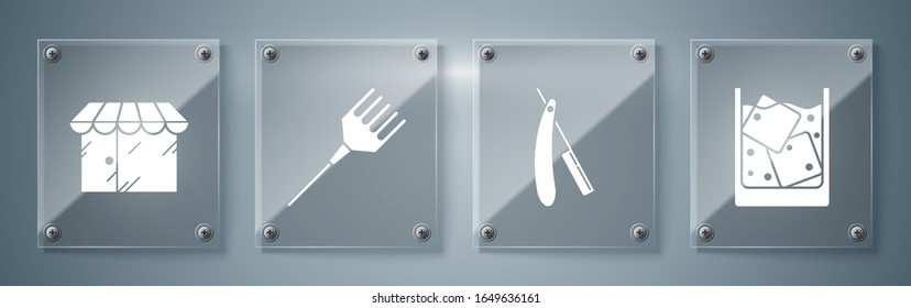 Set Glass of whiskey and ice cubes, Straight razor, Hairbrush and Barbershop building. Square glass panels. Vector
