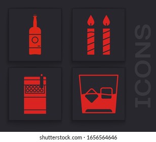 Set Glass of whiskey and ice cubes , Beer bottle , Birthday cake candles  and Open cigarettes pack box  icon. Vector