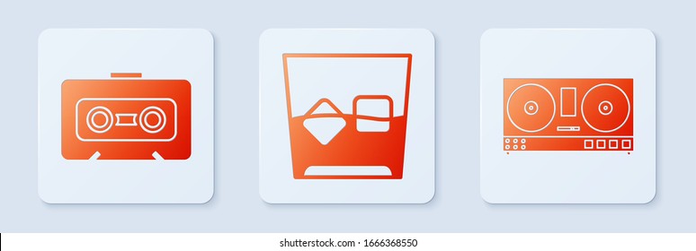 Set Glass of whiskey and ice cubes , Retro audio cassette tape  and DJ remote for playing and mixing music . White square button. Vector
