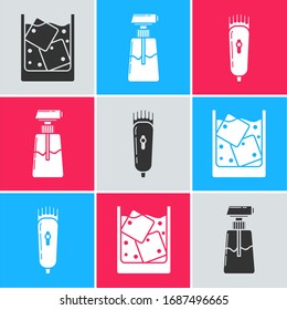 Set Glass of whiskey and ice cubes, Cream or lotion cosmetic tube and Electrical hair clipper or shaver icon. Vector