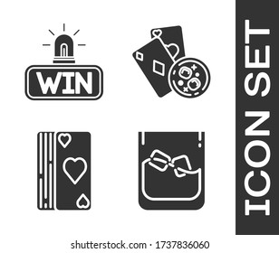 Set Glass of whiskey and ice cubes, Casino win, Deck of playing cards and Playing cards and glass of whiskey with ice cubes icon. Vector