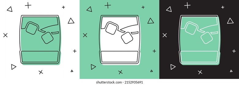 Set Glass of whiskey with ice cubes icon isolated on white and green, black background.  Vector