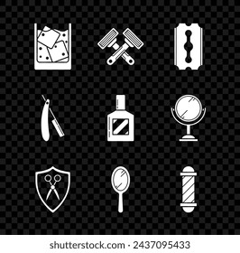 Set Glass of whiskey and ice cubes, Crossed shaving razor, Blade, Scissors, bouclier de coiffeur, miroir à la Main, poteau classique de salon de coiffure, icône Droit et Aftershave. Image vectorielle