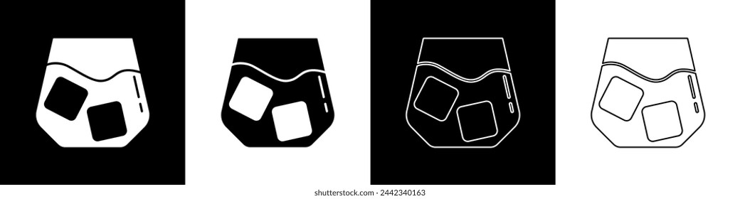 Set Glass of whiskey and ice cubes icon isolated on black and white background.  Vector