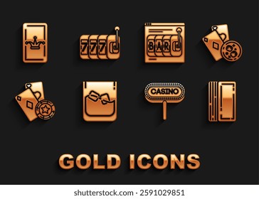 Set Glass of whiskey and ice cubes, Playing cards glass with, Deck playing, Casino signboard, chip, Online slot machine, Joker and Slot lucky sevens jackpot icon. Vector