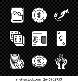 Set Glass of whiskey and ice cubes, Casino chip with dollar symbol, Human hand throwing game dice, chips, Hand holding casino, Game and Online exchange on stacks dollars icon. Vector