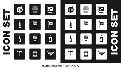 Set Glass of whiskey, Street signboard with Pub, bottle vodka, Bar, Wooden barrel, Whiskey and Beer icon. Vector