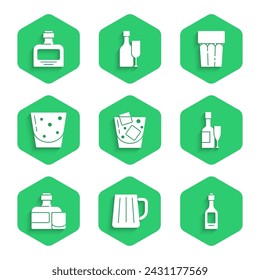 Set Glass of whiskey, Wooden beer mug, Champagne bottle, and glass, Whiskey, rum, with water and  icon. Vector