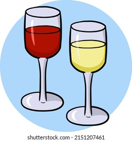 A set of glass wine glasses for wine, champagne on a high leg. Vector illustration, cartoon style