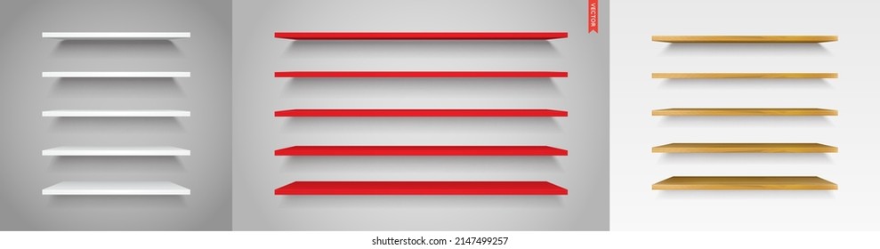 Set of Glass, Wood, Plastic, Metal Shelves. Isolated on the Wall Background.